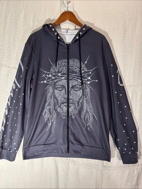 MANIFNITY Y2K Jesus Graphic Zip Up Hoodie Grey Size Medium Streetwear Oversized